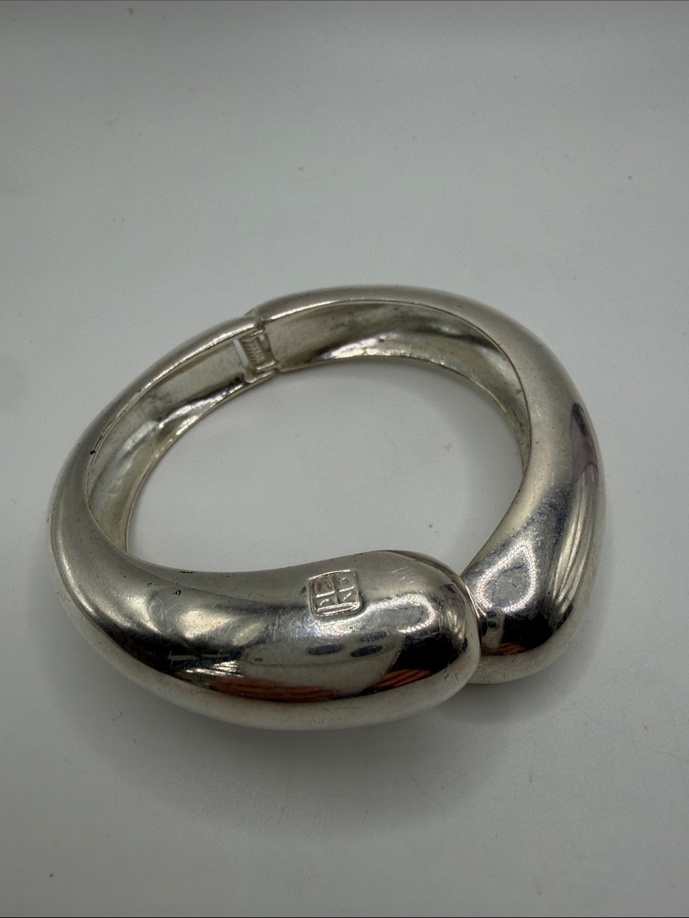 Heavy Silver-Tone Chunky Hinged Bangle / Bypass Cuff Bracelet with Maker's Mark